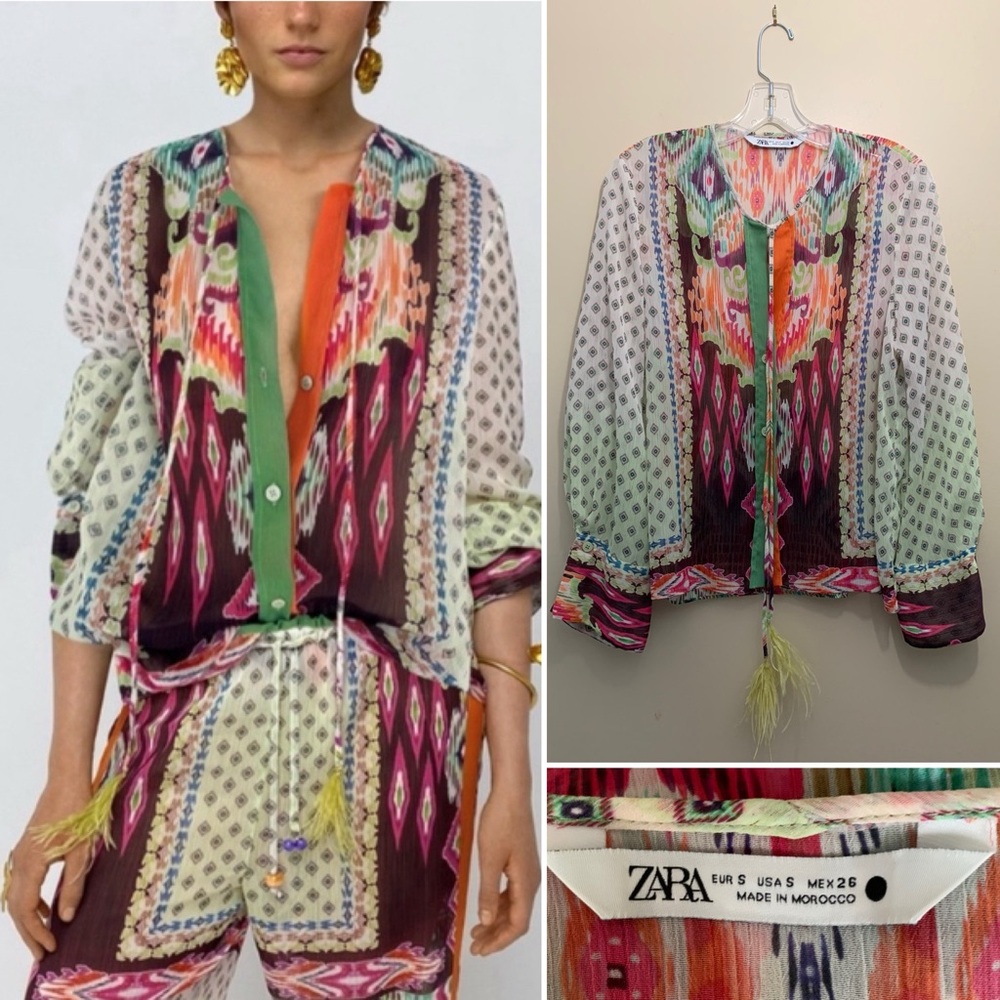 Zara colorful Boho printed chiffon blouse with selftie detail with feather trim